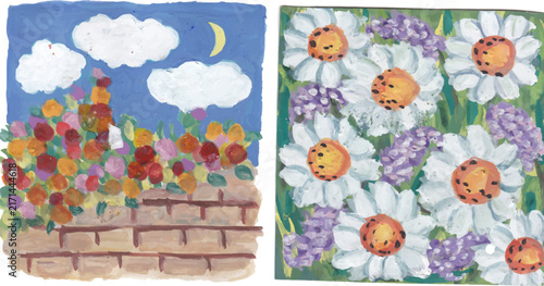 Garden Wall with Flowers and Crescent Moon Illustration