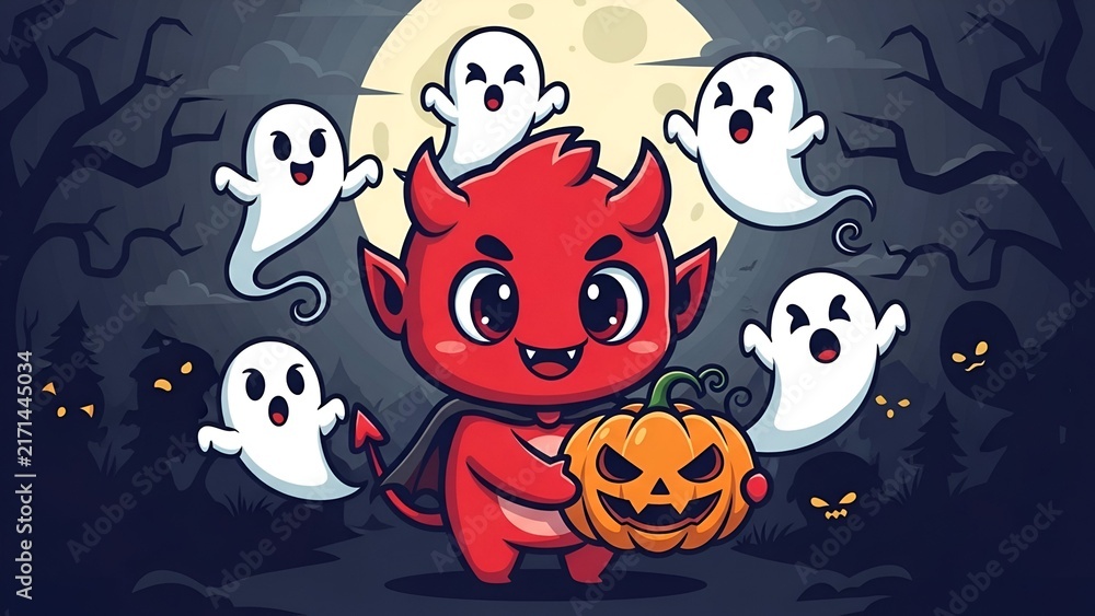 Obraz premium Cartoon devil with pumpkin and friendly ghosts against a full moon