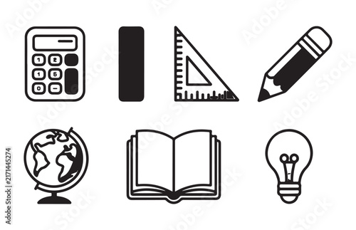 Collection of school supplies and learning objects like calculator ruler pencil and globe on transparent background.
