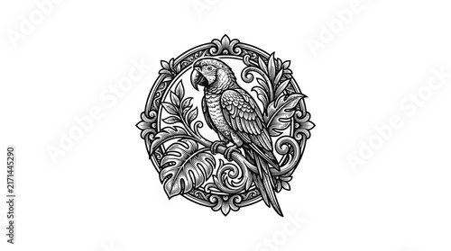 Intricate parrot perched on branch in floral circle.