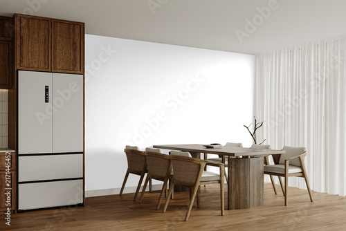 Modern Japandi Dining Room Wall Mockup PNG with Wooden Dining Table and Rattan Chairs, Transparent Background, Soft Shadows