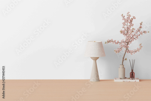 Japandi Interior Wall Mockup PNG with Sculptural Table Lamp and Cherry Blossoms, Transparent Background, Soft Shadows