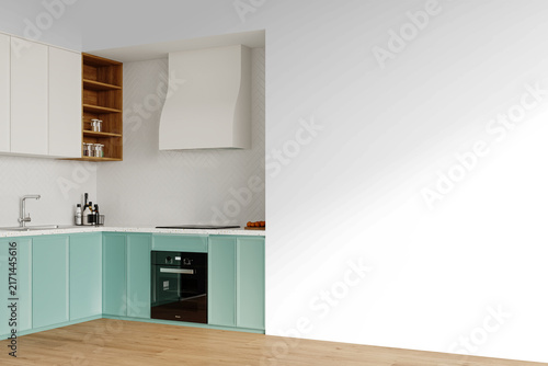 Modern Pastel Kitchen Wall Mockup PNG with Mint Cabinets and Built-In Oven, Transparent Background, Soft Shadows