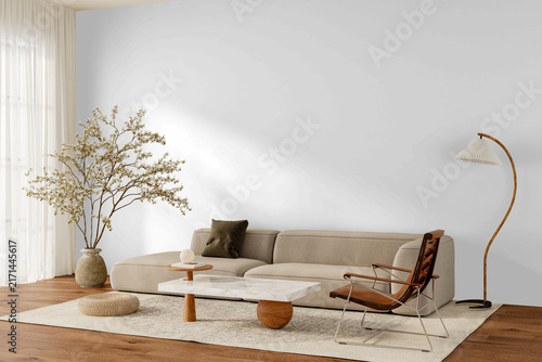 Contemporary Living Room Wall Mockup PNG with Beige Sectional Sofa and Leather Lounge Chair, Transparent Background, Soft Shadows
