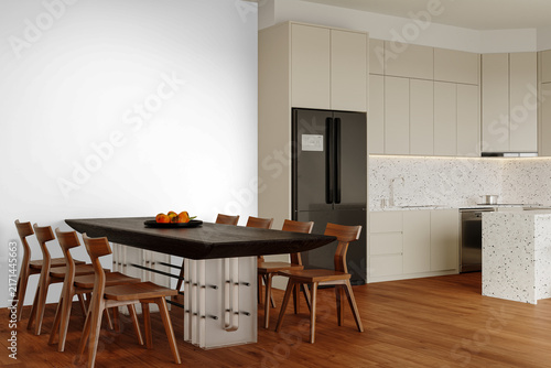 Contemporary Kitchen Dining Room Wall Mockup PNG with Dark Wood Table and Cream Cabinets, Transparent Background, Soft Shadows