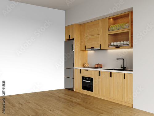 Scandinavian Kitchen Wall Mockup PNG with Oak Cabinets and Stainless Steel Refrigerator, Transparent Background, Soft Shadows