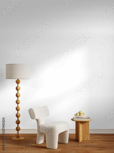 Modern Minimalist Lounge Wall Mockup PNG with Sculptural Chair and Wooden Floor Lamp, Transparent Background, Soft Shadows