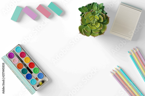 Colorful Creative Studio Wall Mockup PNG with Watercolors and Colored Pencils, Transparent Background, Soft Shadows