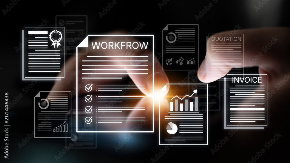 Naklejka premium Digital Workflow Management Concept with Interactive Documents and Charts Representing Invoice, Quotation, and Progress Tracking. Bitwise.