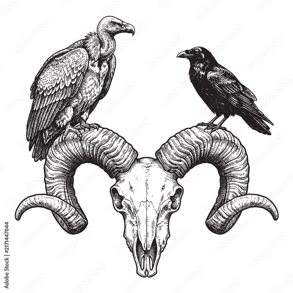 Naklejka premium vulture and raven perched on ram skull horns vintage engraving illustration vector black and white white background isolated design