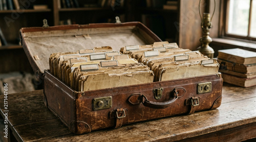 Vintage leather briefcase full of organized paper files on desk