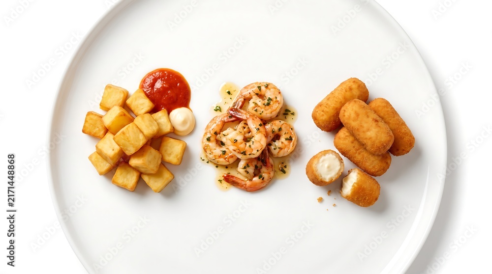 Fototapeta premium Assorted Spanish tapas including fried potatoes, garlic shrimp, and crispy croquettes on a white plate.