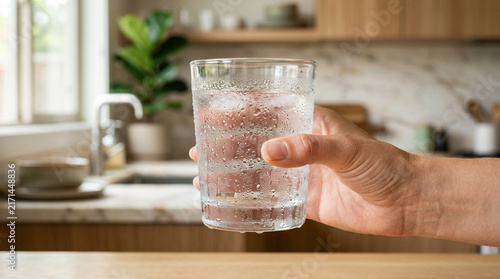 Obraz na płótnie Hand holding cold glass of water with ice in kitchen
