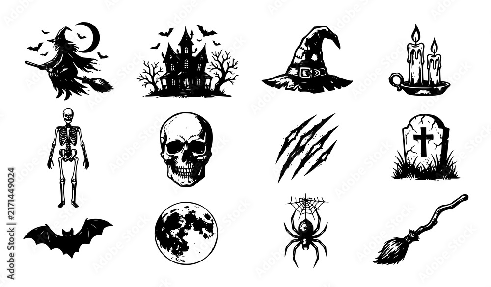 Fototapeta premium Crescent Moon Bat Spider Crow Eye and Ghost Halloween Vector Icon Collection