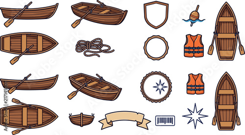 Vintage Wooden Rowboat Marine Vector Asset Sheet Featuring Multi Angle Skiffs, Oars, Life Vests, Nautical Ropes, Compass Badges, and Retro Ribbon Banners