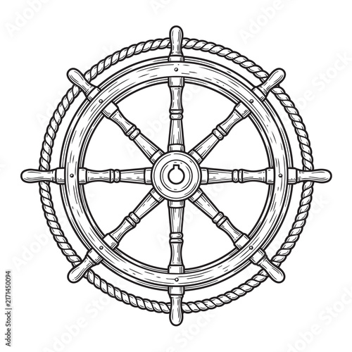 nautical ship steering wheel helm wrapped in rope vintage engraving illustration vector black and white white background isolated design
