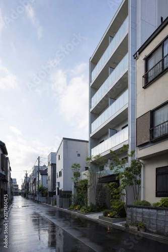 Residential apartment tower and street in Japan clear sky