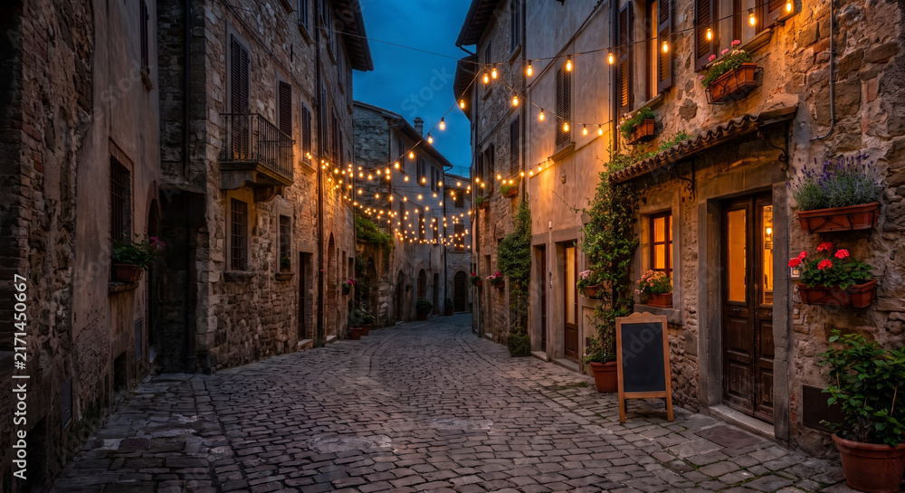 Fototapeta premium Narrow European alleyway with cafe entrance at dusk