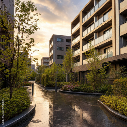 Japanese urban apartment neighborhood in spring morning
