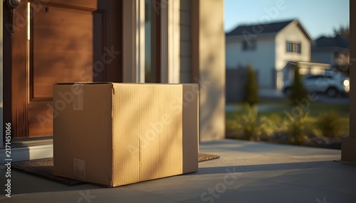 Cardboard Package Delivered at Front Door of Home for Online Shopping Order