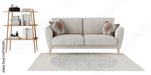 Isolated PNG Neutral Scandinavian Front View Living Room Furniture Layout with Cream Sofa, Wooden Bookshelf, Area Rug and Decor Objects, Natural Shadows