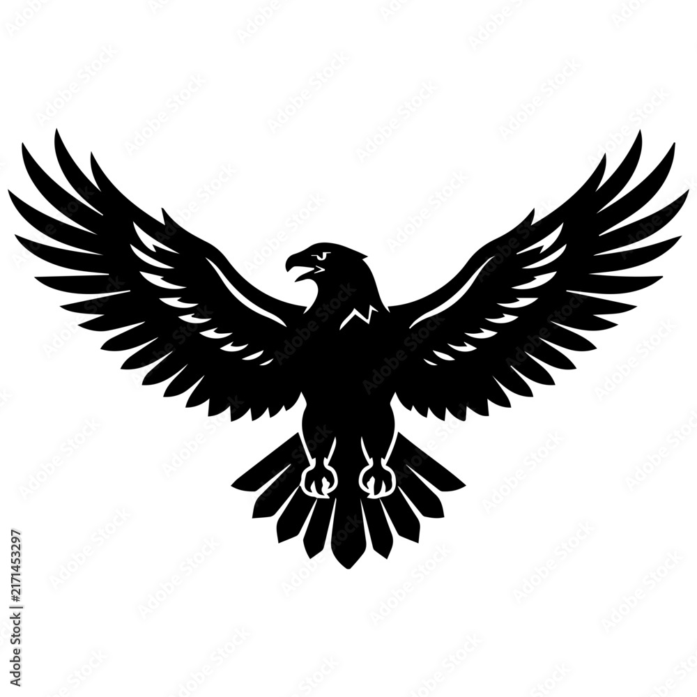 Fototapeta premium Black eagle silhouette with spread wings, heraldic bird icon for logo design.