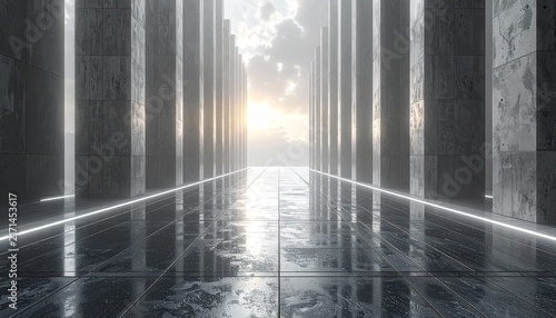 空と希望の光に向かって続く近未来的な廊下