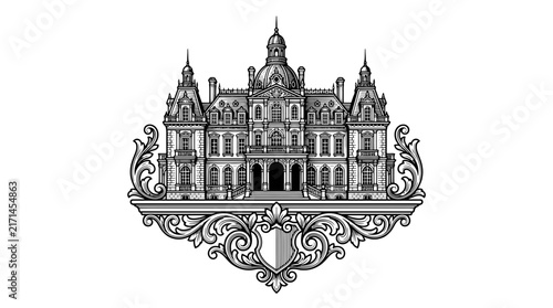 Ornate mansion palace facade engraving illustration.