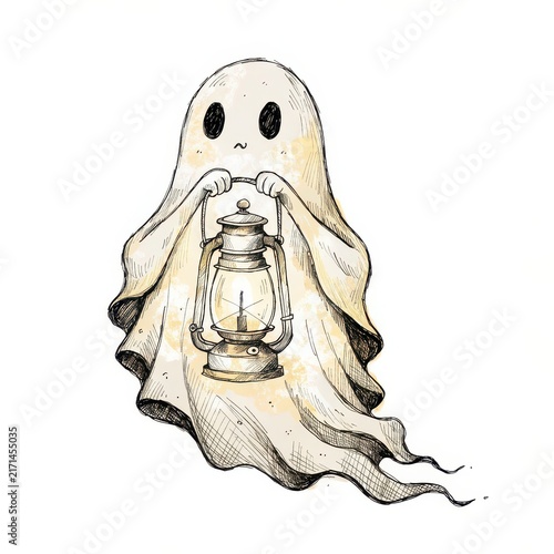 Vintage ghost holding a retro lantern illustration