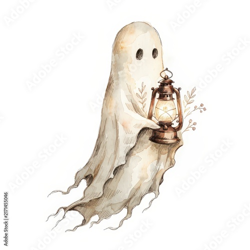 Vintage ghost holding a glowing lantern watercolor illustration