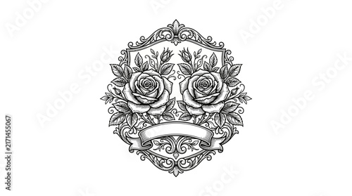 Floral crest featuring roses and vine patterns.