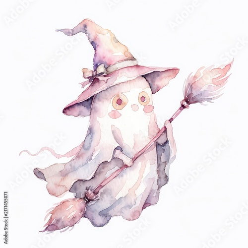 Cute ghost wearing a witch hat flying on a broomstick