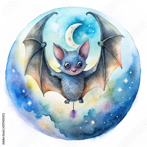 Cute spooky bat flying under crescent moon watercolor illustration
