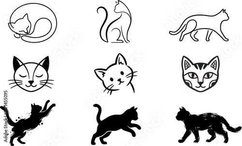  Minimalist Cat Logo Tattoo Vector Icon Sheet Featuring Line Art Feline Silhouettes, Tribal Geometry Cat Heads, and Textured Pouncing Black Cat Stamps