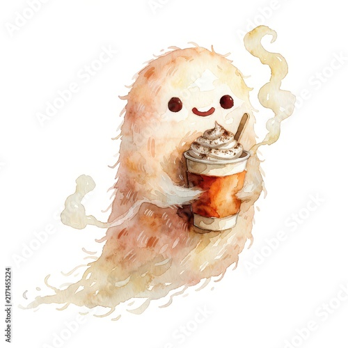 Cute watercolor ghost holding hot coffee