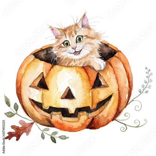 Fluffy ginger kitten inside a carved Halloween pumpkin watercolor illustration