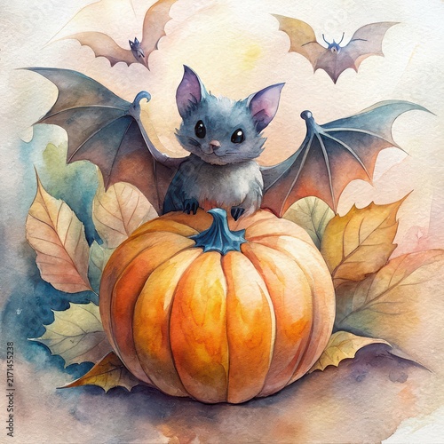 Cute bat sitting on pumpkin watercolor illustration