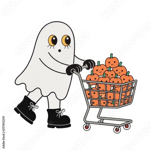 Ghost pushing a shopping cart full of mini pumpkins vector illustration