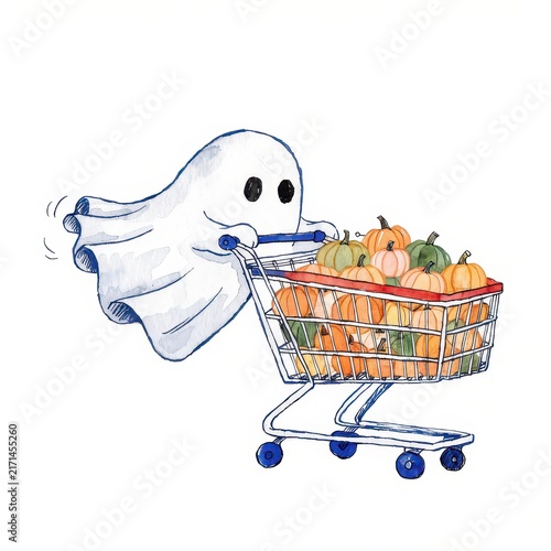 Ghost pushing a shopping cart full of pumpkins watercolor illustration