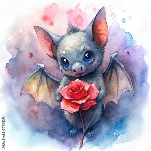 Cute bat holding red rose flower watercolor illustration
