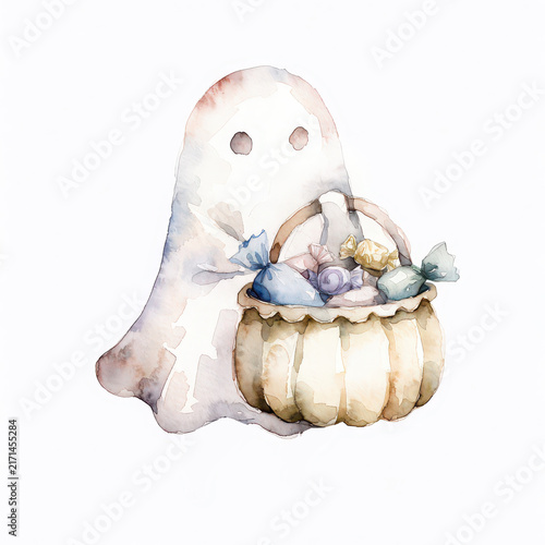 Cute ghost holding candy pumpkin basket watercolor illustration