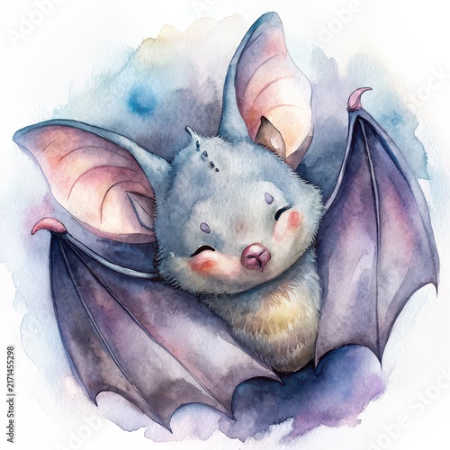 Cute bat sleeping upside down watercolor illustration