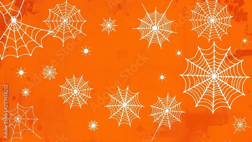 White spider webs and stars on a bright orange background for halloween celebration