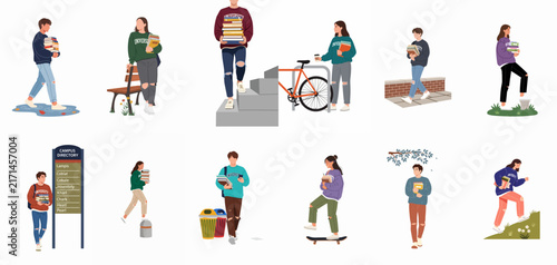Flat Illustration Collection of University Students Engaged in Various Campus Activities and Daily Life Routines