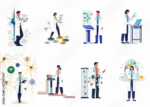 Set of modern illustrations showing medical professionals and scientists using advanced technology for healthcare research and clinical diagnostics.