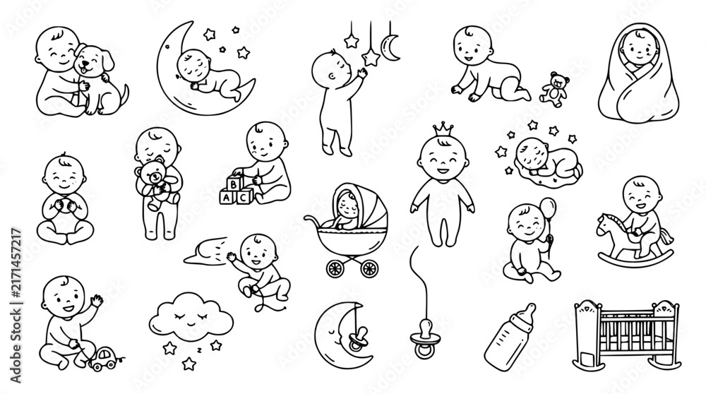 Obraz premium Cute Cartoon Baby Character Line Icon Set with Stroller Crib Pacifier Bottle and Toys for Newborn Care and Nursery Graphic Designs