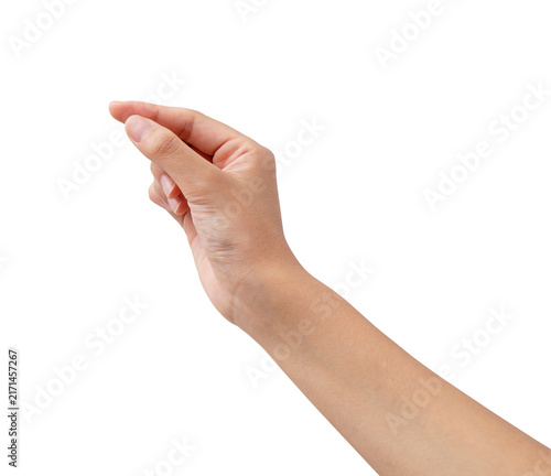 A woman's hand in a plucking gesture on a white background