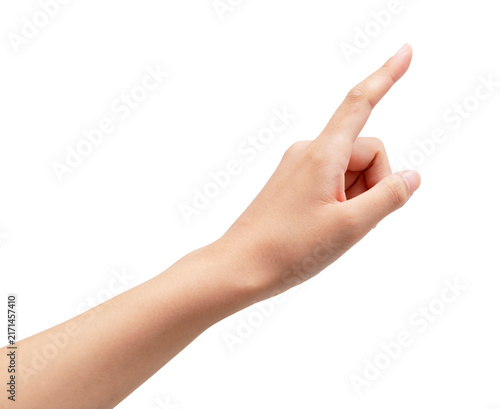 A woman's hand points to a white background