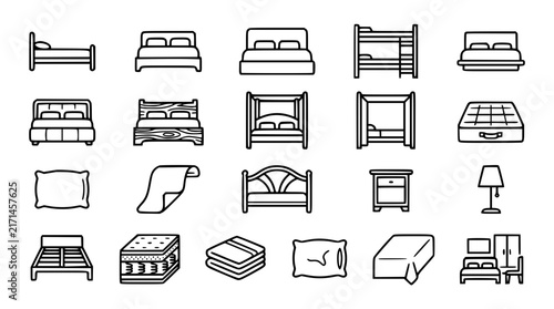 Bild auf Leinwand Bedroom Furniture and Bedding Outline Icon Set with Mattress Canopy Bed Bunk Bed