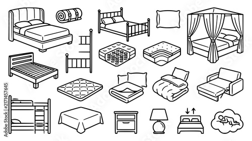 Obraz na plátně Bedroom Furniture Line Icon Set with Bed Frame Mattress Canopy Bed Bunk Bed Pill